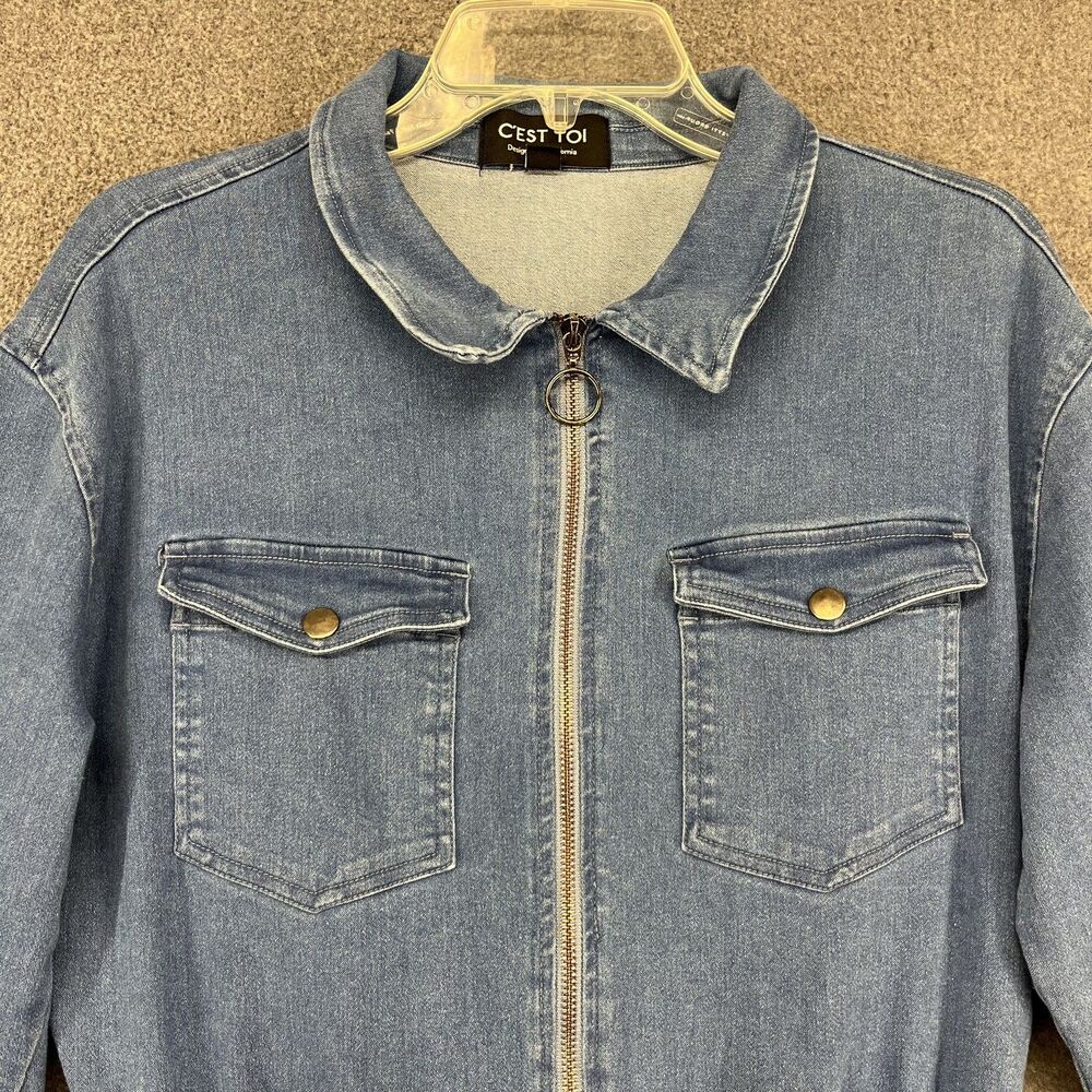 C'est Toi Jumpsuit Womens Large Denim Long Sleeve Zip‎ Up Belted Elastic Waist - Picture 4 of 16